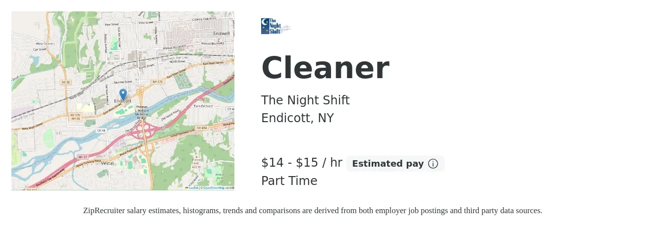The Night Shift job posting for a Cleaner in Endicott, NY with a salary of $15 to $16 Hourly with a map of Endicott location.
