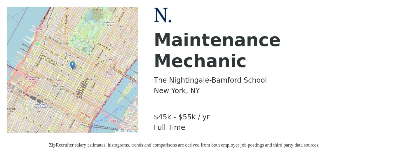 The Nightingale-Bamford School job posting for a Maintenance Mechanic in New York, NY with a salary of $45,000 to $55,000 Yearly with a map of New York location.