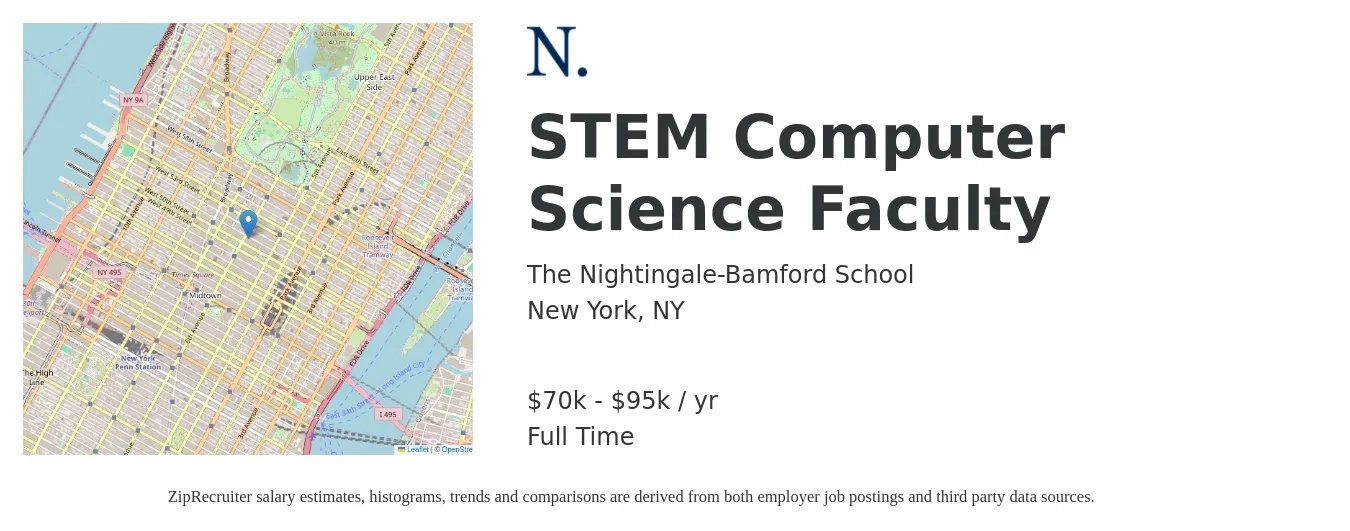 The Nightingale-Bamford School job posting for a STEM Computer Science Faculty in New York, NY with a salary of $70,000 to $95,000 Yearly with a map of New York location.