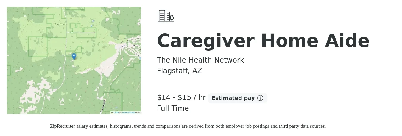 The Nile Health Network job posting for a Caregiver Home Aide in Flagstaff, AZ with a salary of $16 to $16 Hourly with a map of Flagstaff location.