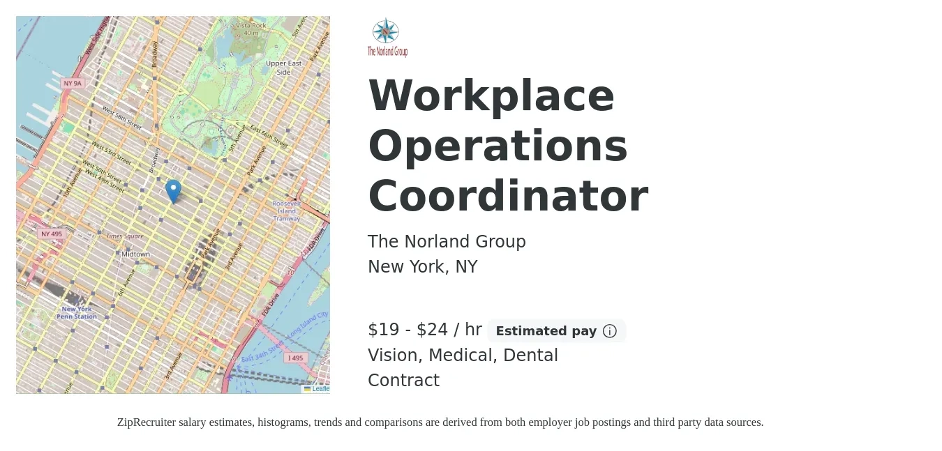 The Norland Group job posting for a Workplace Operations Coordinator in New York, NY with a salary of $20 to $25 Hourly and benefits including retirement, vision, dental, and medical with a map of New York location.