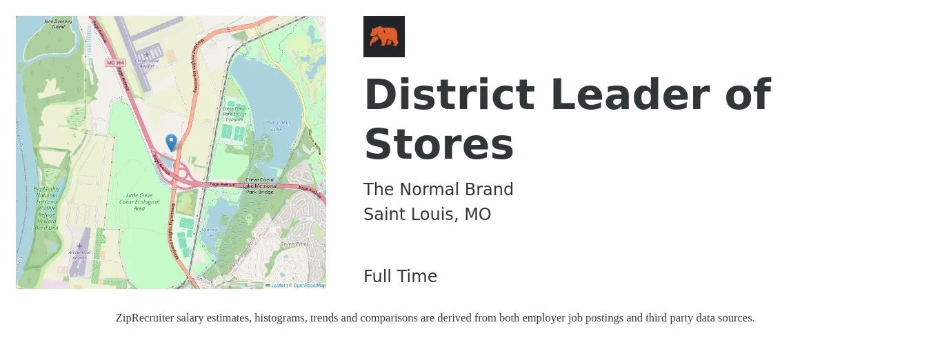 The Normal Brand job posting for a District Leader of Stores in Saint Louis, MO with a salary of $43,800 to $77,800 Yearly with a map of Saint Louis location.
