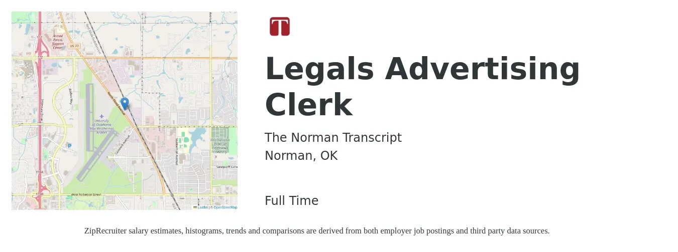 The Norman Transcript job posting for a Legals Advertising Clerk in Norman, OK with a salary of $15 to $20 Hourly with a map of Norman location.