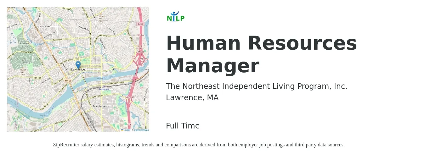 The Northeast Independent Living Program, Inc. job posting for a Human Resources Manager in Lawrence, MA with a salary of $72,400 to $104,900 Yearly with a map of Lawrence location.