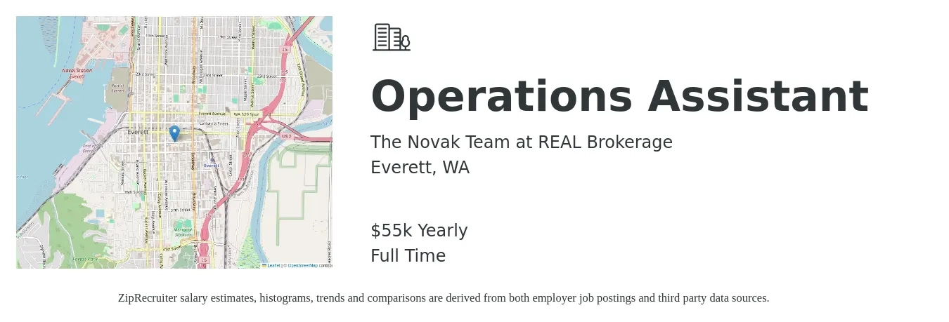 The Novak Team at REAL Brokerage job posting for a Operations Assistant in Everett, WA with a salary of $55,000 Yearly with a map of Everett location.
