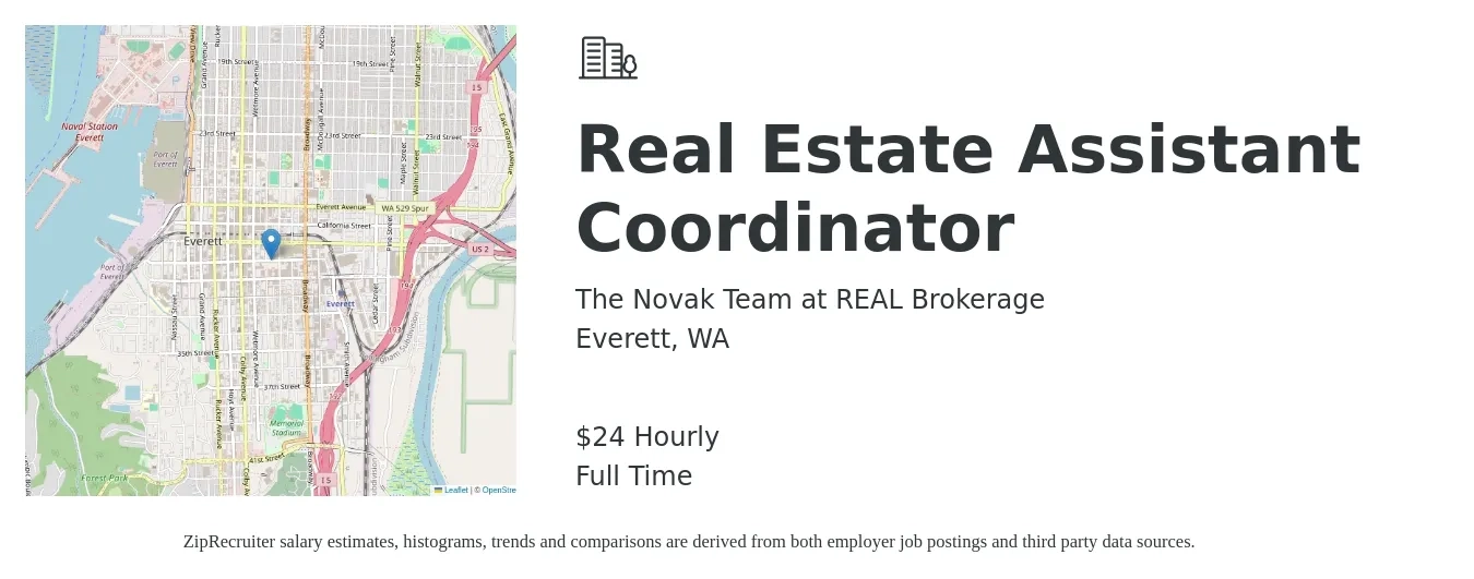 The Novak Team at REAL Brokerage job posting for a Real Estate Assistant Coordinator in Everett, WA with a salary of $25 Hourly with a map of Everett location.