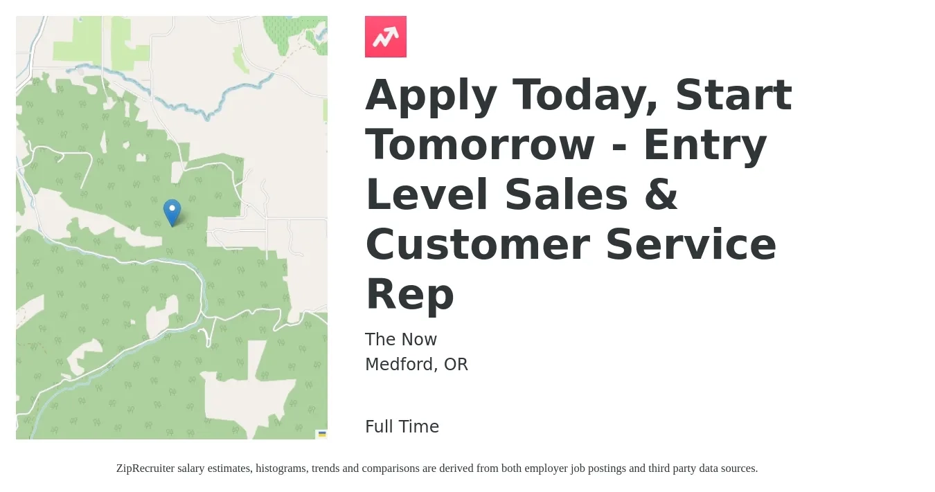 The Now job posting for a Apply Today, Start Tomorrow - Entry Level Sales & Customer Service Rep in Medford, OR with a salary of $800 to $1,200 Weekly with a map of Medford location.