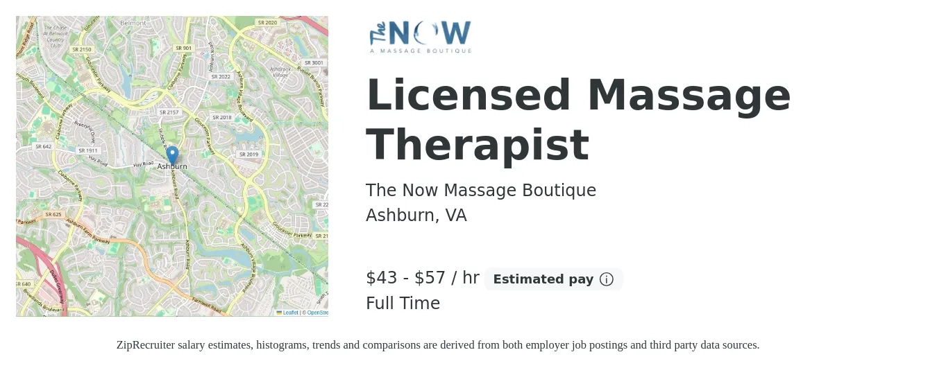 The Now Massage Boutique job posting for a Licensed Massage Therapist in Ashburn, VA with a salary of $45 to $60 Hourly with a map of Ashburn location.