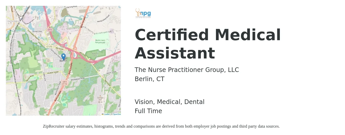 The Nurse Practitioner Group, LLC job posting for a Certified Medical Assistant in Berlin, CT with a salary of $150 to $160 Daily and benefits including retirement, vision, dental, and medical with a map of Berlin location.