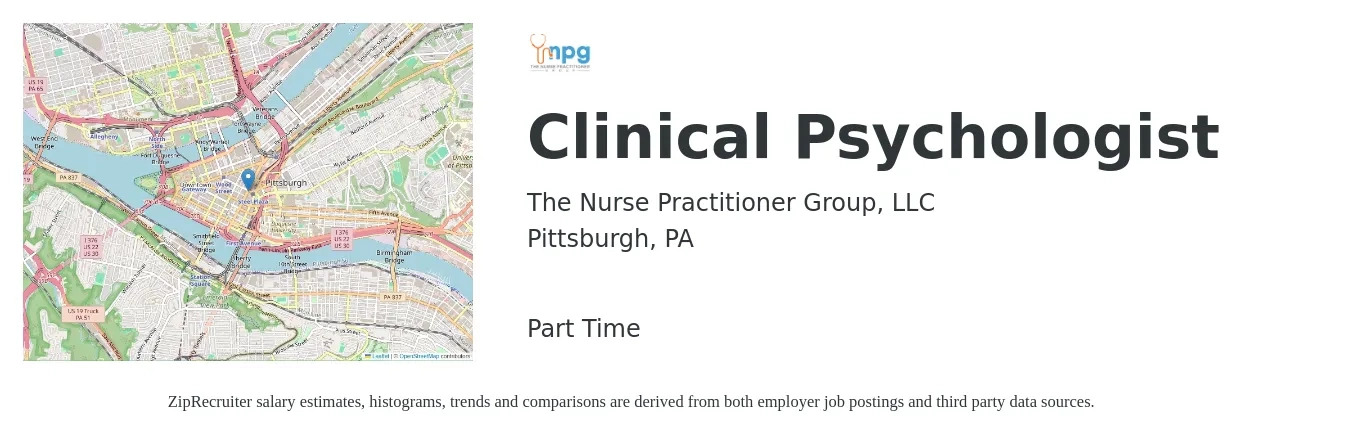 The Nurse Practitioner Group, LLC job posting for a Clinical Psychologist in Pittsburgh, PA with a salary of $475 to $500 Daily with a map of Pittsburgh location.