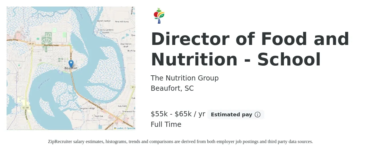 The Nutrition Group job posting for a Director of Food and Nutrition - School in Beaufort, SC with a salary of $55,000 to $65,000 Yearly with a map of Beaufort location.