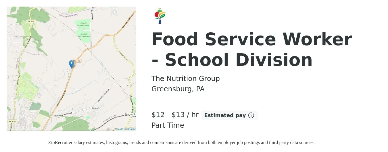 The Nutrition Group job posting for a Food Service Worker - School Division in Greensburg, PA with a salary of $13 to $14 Hourly with a map of Greensburg location.