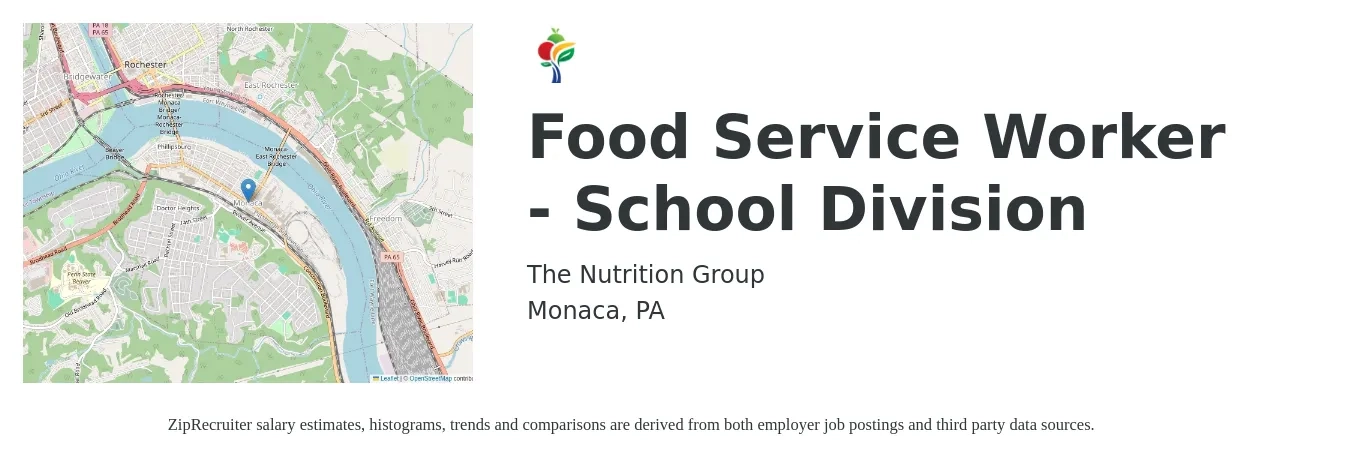 The Nutrition Group job posting for a Food Service Worker - School Division in Monaca, PA with a salary of $16 Hourly with a map of Monaca location.