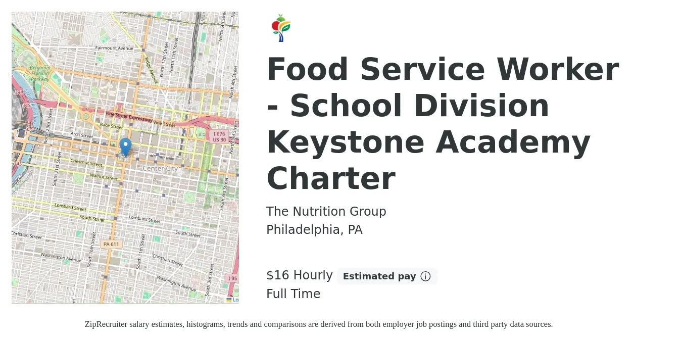 The Nutrition Group job posting for a Food Service Worker - School Division Keystone Academy Charter in Philadelphia, PA with a salary of $17 Hourly with a map of Philadelphia location.