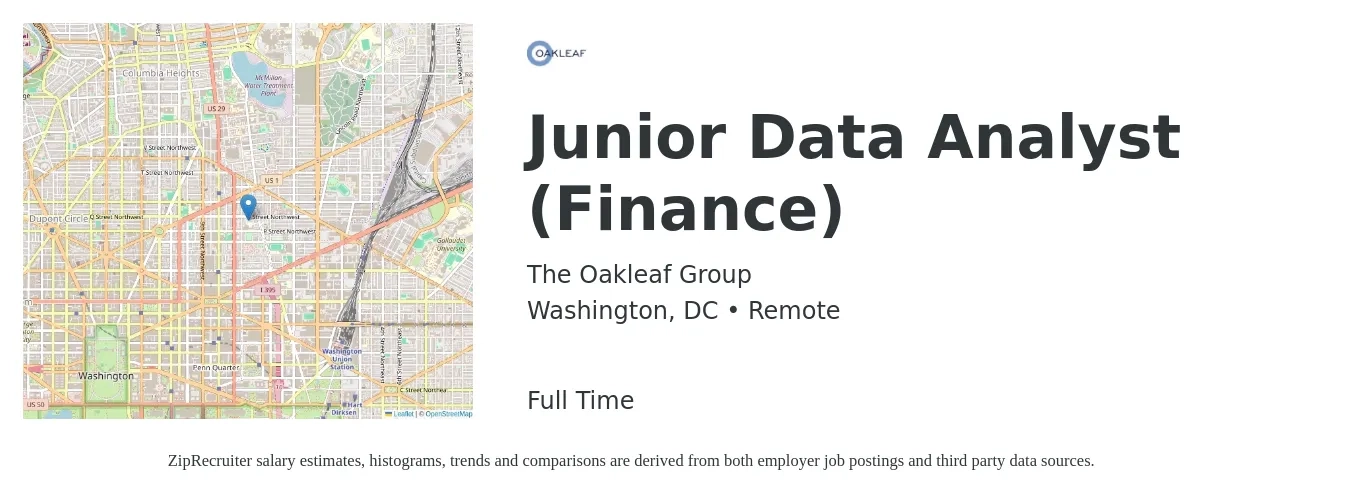 The Oakleaf Group job posting for a Junior Data Analyst (Finance) in Washington, DC with a salary of $64,600 to $92,300 Yearly with a map of Washington location.