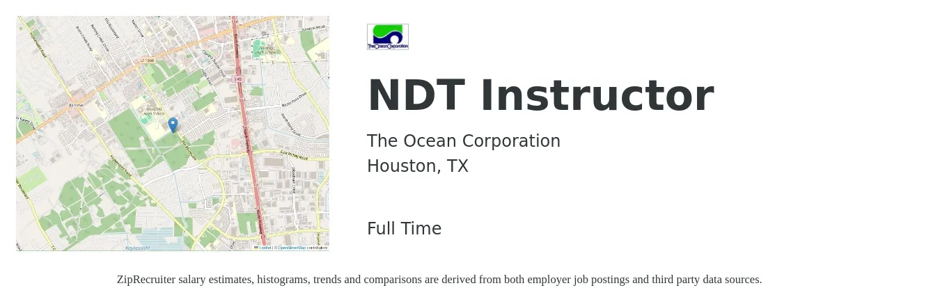 The Ocean Corporation job posting for a NDT Instructor in Houston, TX with a salary of $47,700 to $61,100 Yearly with a map of Houston location.