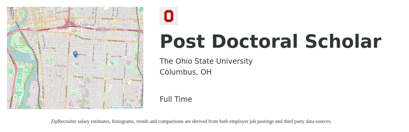The Ohio State University job posting for a Post Doctoral Scholar in Columbus, OH with a salary of $44,600 to $60,600 Yearly with a map of Columbus location.