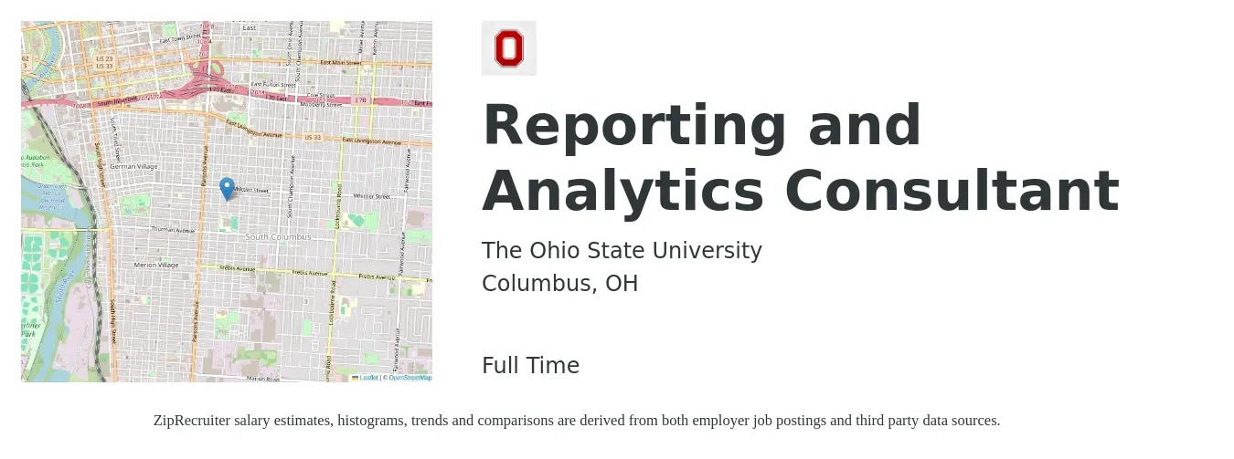 The Ohio State University job posting for a Reporting and Analytics Consultant in Columbus, OH with a salary of $46 to $66 Hourly with a map of Columbus location.