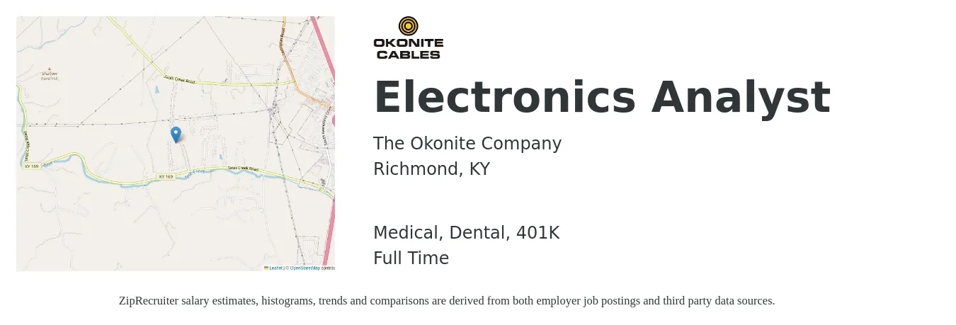 The Okonite Company job posting for a Electronics Analyst in Richmond, KY with a salary of $61,500 to $87,900 Yearly and benefits including life_insurance, medical, 401k, and dental with a map of Richmond location.