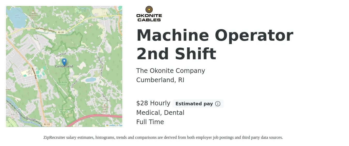 The Okonite Company job posting for a Machine Operator 2nd Shift in Cumberland, RI with a salary of $29 Hourly and benefits including dental, life_insurance, medical, and retirement with a map of Cumberland location.