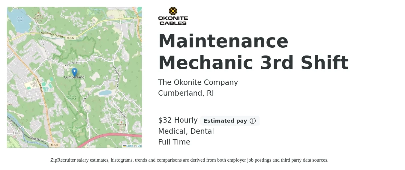 The Okonite Company job posting for a Maintenance Mechanic 3rd Shift in Cumberland, RI with a salary of $34 Hourly and benefits including life_insurance, medical, retirement, and dental with a map of Cumberland location.