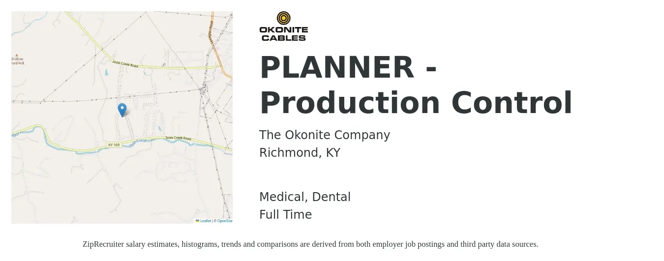 The Okonite Company job posting for a PLANNER - Production Control in Richmond, KY with a salary of $24 to $34 Hourly and benefits including retirement, dental, life_insurance, and medical with a map of Richmond location.