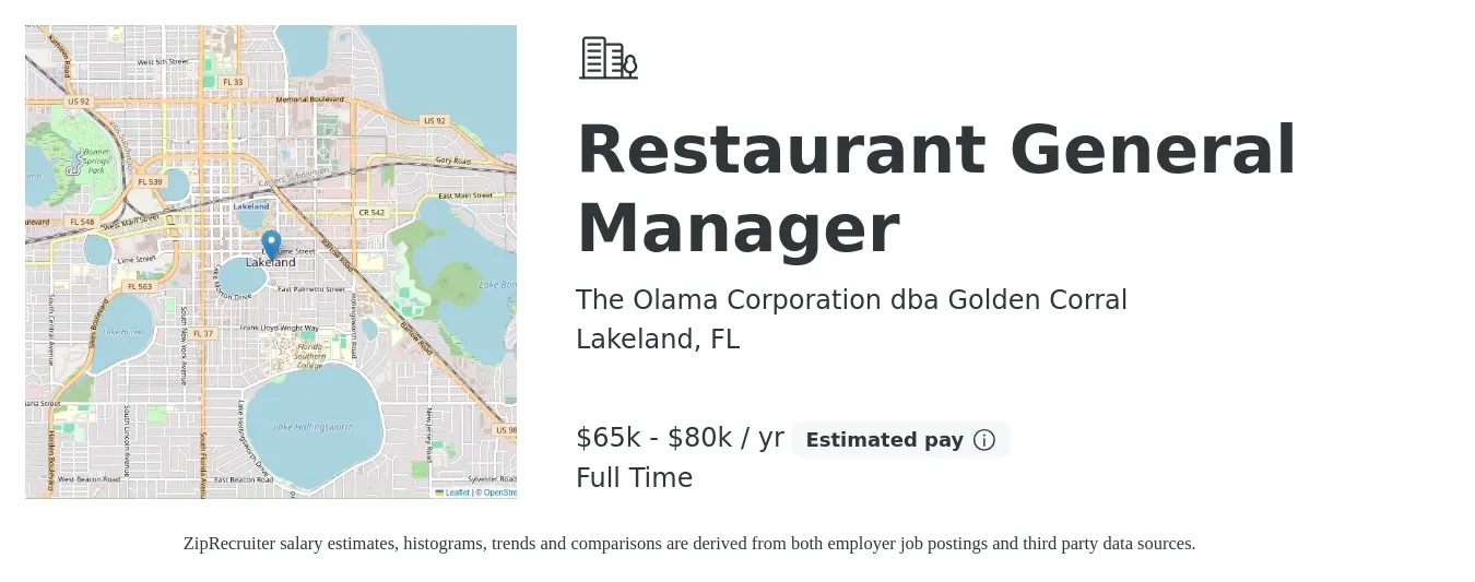 The Olama Corporation dba Golden Corral job posting for a Restaurant General Manager in Lakeland, FL with a salary of $60,000 to $75,000 Yearly with a map of Lakeland location.
