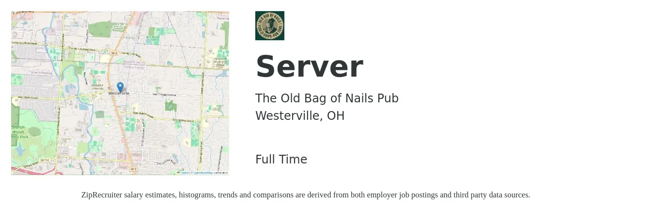 The Old Bag of Nails Pub job posting for a Server in Westerville, OH with a salary of $10 to $17 Hourly with a map of Westerville location.