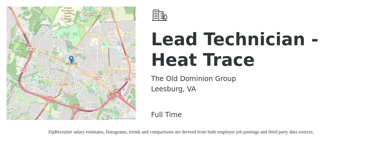 The Old Dominion Group job posting for a Lead Technician - Heat Trace in Leesburg, VA with a salary of $30 Hourly with a map of Leesburg location.