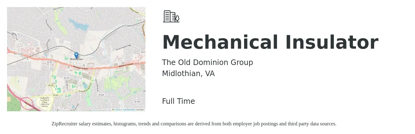The Old Dominion Group job posting for a Mechanical Insulator in Midlothian, VA with a salary of $23 to $30 Hourly with a map of Midlothian location.
