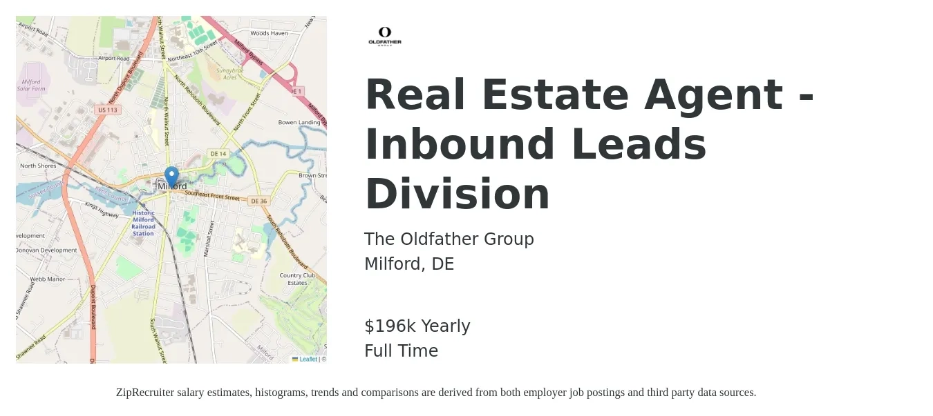 The Oldfather Group job posting for a Real Estate Agent - Inbound Leads Division in Milford, DE with a salary of $196,492 Yearly with a map of Milford location.