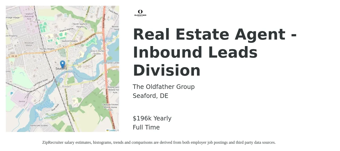 The Oldfather Group job posting for a Real Estate Agent - Inbound Leads Division in Seaford, DE with a salary of $196,492 Yearly with a map of Seaford location.