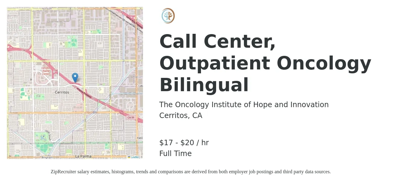 The Oncology Institute of Hope and Innovation job posting for a Call Center, Outpatient Oncology Bilingual in Cerritos, CA with a salary of $18 to $21 Hourly with a map of Cerritos location.