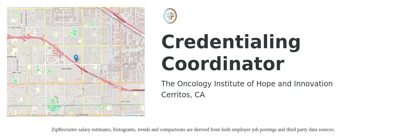 The Oncology Institute of Hope and Innovation job posting for a Credentialing Coordinator in Cerritos, CA with a salary of $19 to $21 Hourly with a map of Cerritos location.