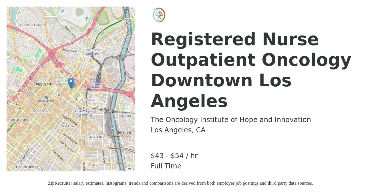The Oncology Institute of Hope and Innovation job posting for a Registered Nurse Outpatient Oncology Downtown Los Angeles in Los Angeles, CA with a salary of $45 to $57 Hourly with a map of Los Angeles location.