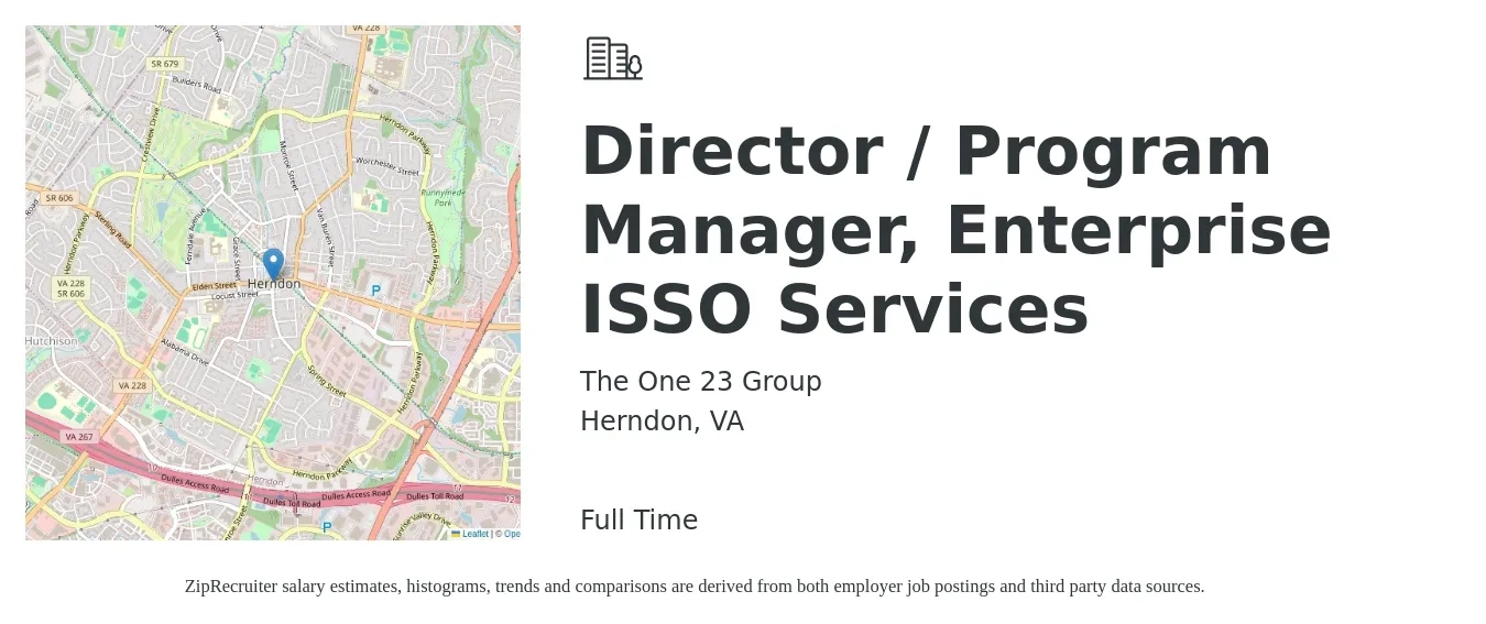 The One 23 Group job posting for a Director / Program Manager, Enterprise ISSO Services in Herndon, VA with a map of Herndon location.