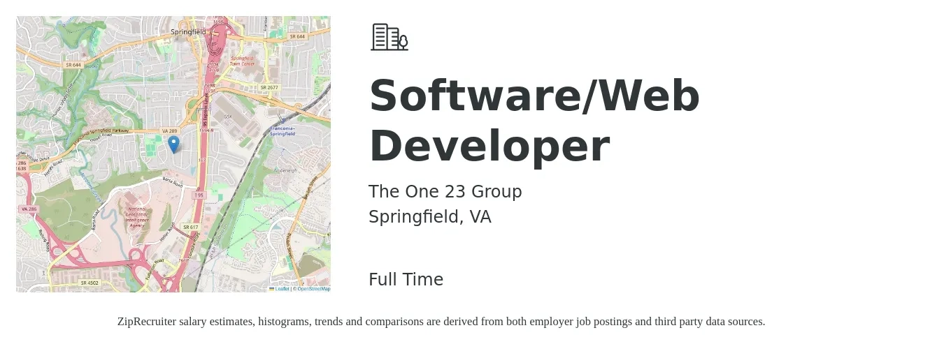 The One 23 Group job posting for a Software/Web Developer in Springfield, VA with a salary of $38 to $59 Hourly with a map of Springfield location.