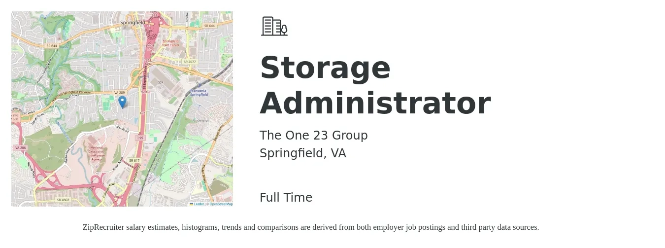 The One 23 Group job posting for a Storage Administrator in Springfield, VA with a salary of $50 to $63 Hourly with a map of Springfield location.