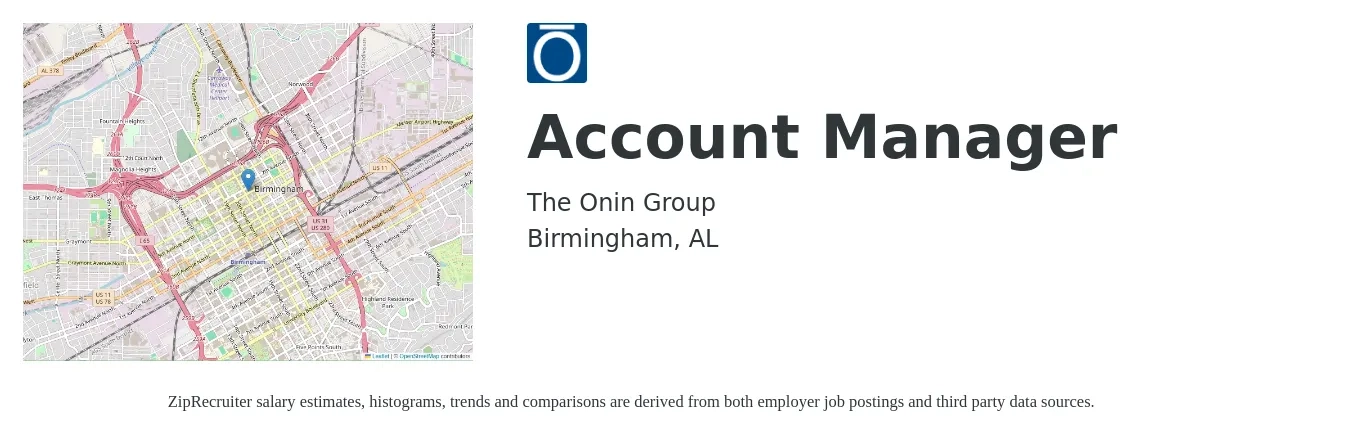 The Onin Group job posting for a Account Manager in Birmingham, AL with a salary of $45,000 to $73,600 Yearly with a map of Birmingham location.