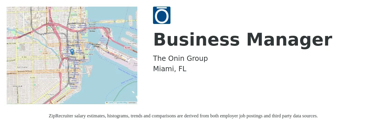 The Onin Group job posting for a Business Manager in Miami, FL with a salary of $50,700 to $92,800 Yearly with a map of Miami location.