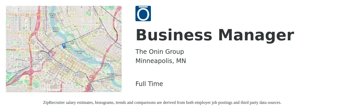 The Onin Group job posting for a Business Manager in Minneapolis, MN with a salary of $55,300 to $101,300 Yearly with a map of Minneapolis location.