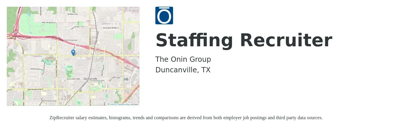 The Onin Group job posting for a Staffing Recruiter in Duncanville, TX with a salary of $16 to $21 Hourly with a map of Duncanville location.