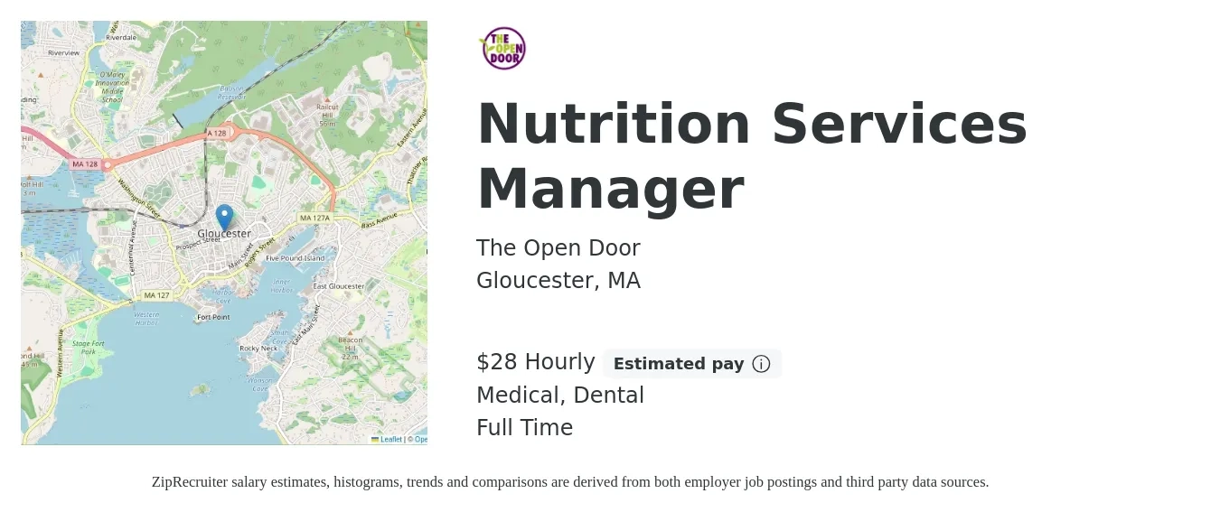 The Open Door job posting for a Nutrition Services Manager in Gloucester, MA with a salary of $30 Hourly and benefits including retirement, dental, life_insurance, medical, and pto with a map of Gloucester location.