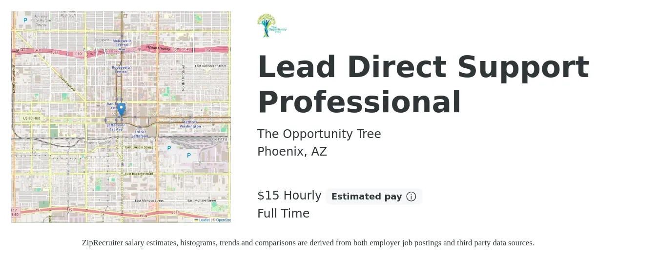 The Opportunity Tree job posting for a Lead Direct Support Professional in Phoenix, AZ with a salary of $16 Hourly with a map of Phoenix location.