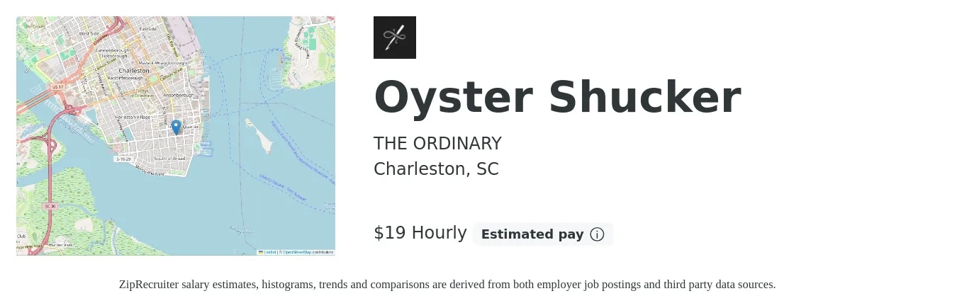 THE ORDINARY job posting for a Oyster Shucker in Charleston, SC with a salary of $20 Hourly with a map of Charleston location.