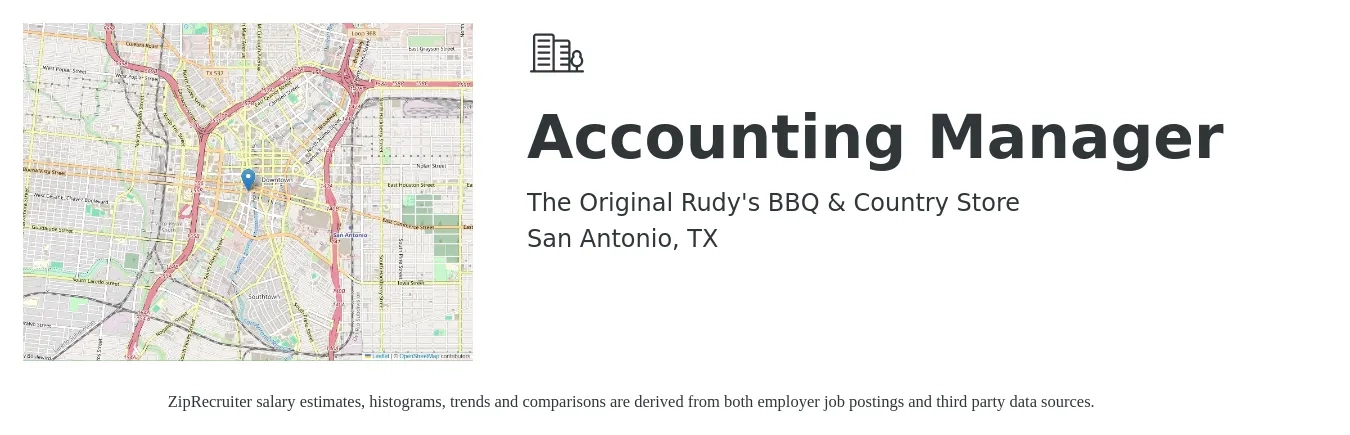 The Original Rudy's BBQ & Country Store job posting for a Accounting Manager in San Antonio, TX with a salary of $30 to $35 Hourly with a map of San Antonio location.