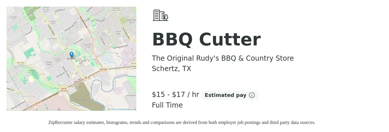 The Original Rudy's BBQ & Country Store job posting for a BBQ Cutter in Schertz, TX with a salary of $16 to $18 Hourly with a map of Schertz location.