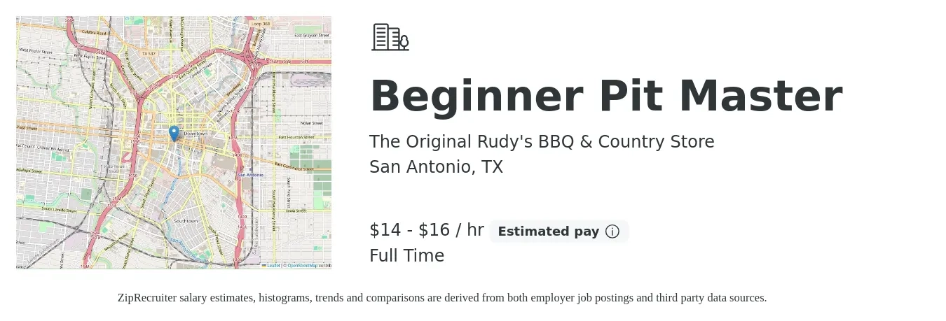The Original Rudy's BBQ & Country Store job posting for a Beginner Pit Master in San Antonio, TX with a salary of $15 to $17 Hourly with a map of San Antonio location.