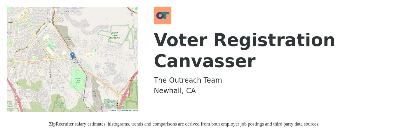 The Outreach Team job posting for a Voter Registration Canvasser in Newhall, CA with a salary of $26 Hourly with a map of Newhall location.