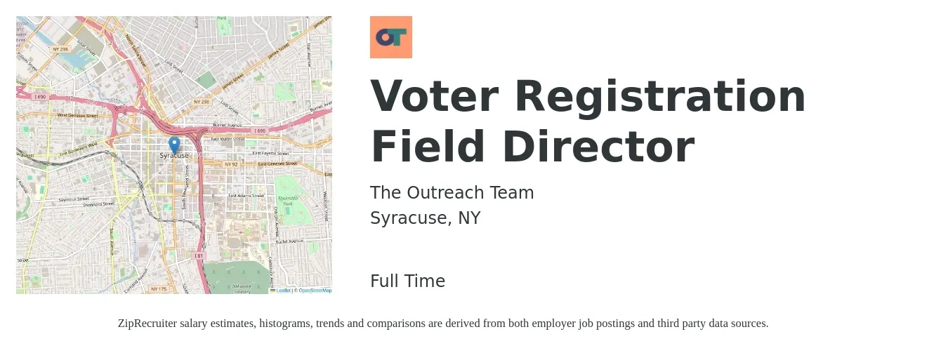 The Outreach Team job posting for a Voter Registration Field Director in Syracuse, NY with a salary of $5,000 to $5,800 Monthly with a map of Syracuse location.